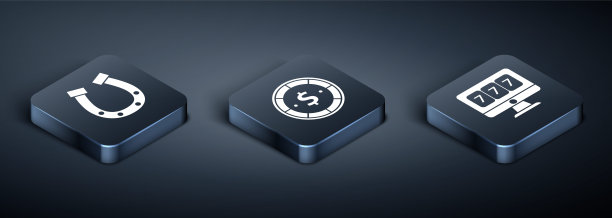 设置等距马蹄铁，在线老虎机幸运7头奖和赌场筹码与美元图标。向量图片下载