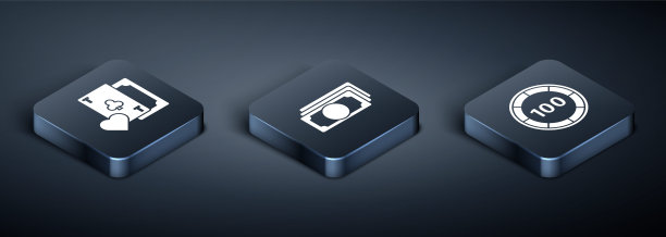 设置等距扑克俱乐部符号，赌场筹码和堆栈纸钱现金图标。向量图片下载