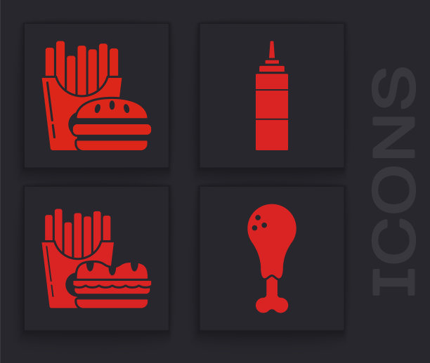 鸡腿，汉堡和炸薯条在纸箱包装盒，酱汁瓶和汉堡和炸薯条在纸箱包装盒图标。向量图片下载