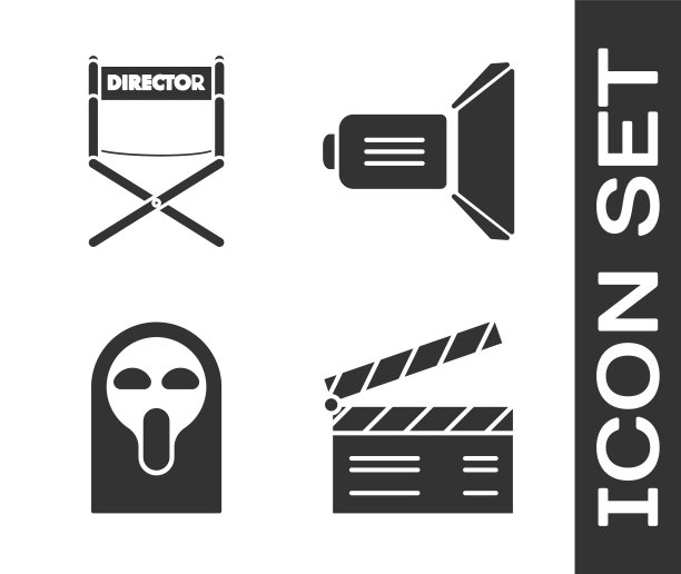 设置电影拍手，导演电影椅子，滑稽和可怕的幽灵面具和电影聚光灯图标。向量图片下载