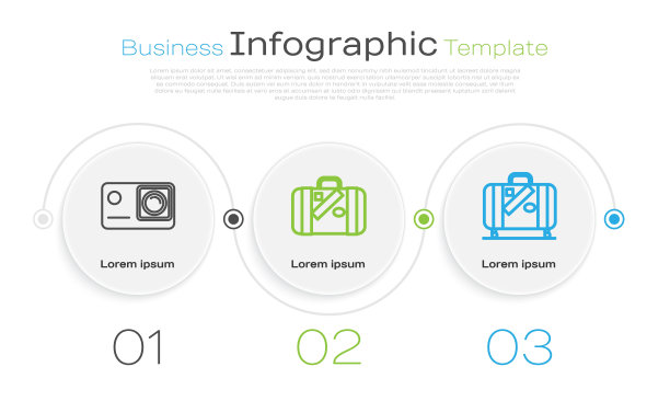 设置行Action极端相机，旅行手提箱和贴纸，旅行手提箱和贴纸。业务信息模板。向量图片下载