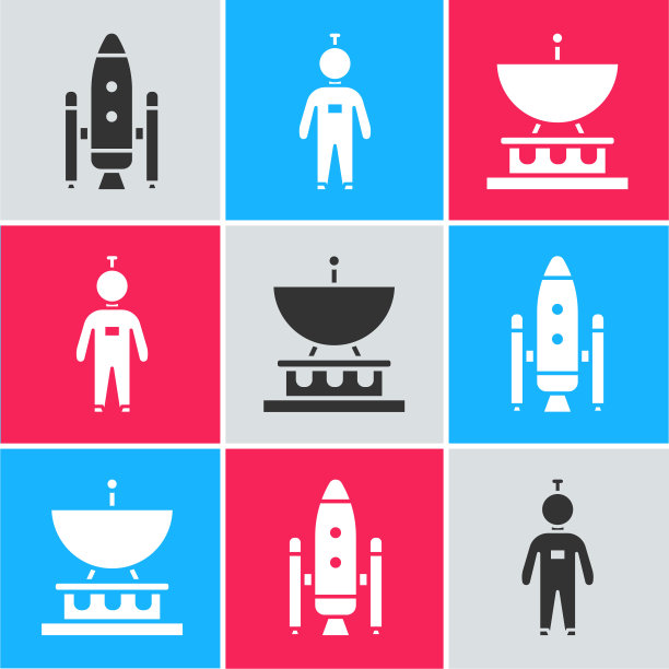 设置航天飞机和火箭，宇航员和卫星盘图标。向量图片下载