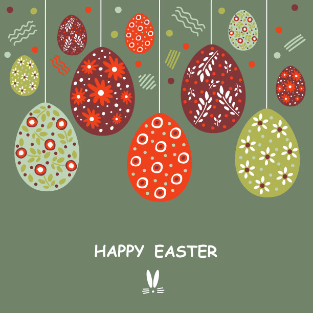 复活节卡片和复活节彩蛋。灰绿色背景上的五彩鸡蛋。复活节广场贺卡快乐。图片下载