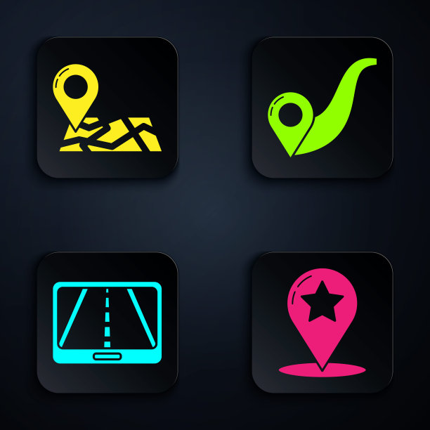 设置带有星号的地图指针、带有位置标记的折叠地图、城市地图导航信息图和路线定位。黑色方形按钮。向量图片下载