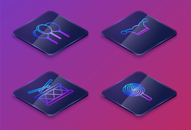 气球与丝带，鼓与鼓棒，小丑帽子与铃铛和棒棒糖。蓝色方块按钮。向量图片下载