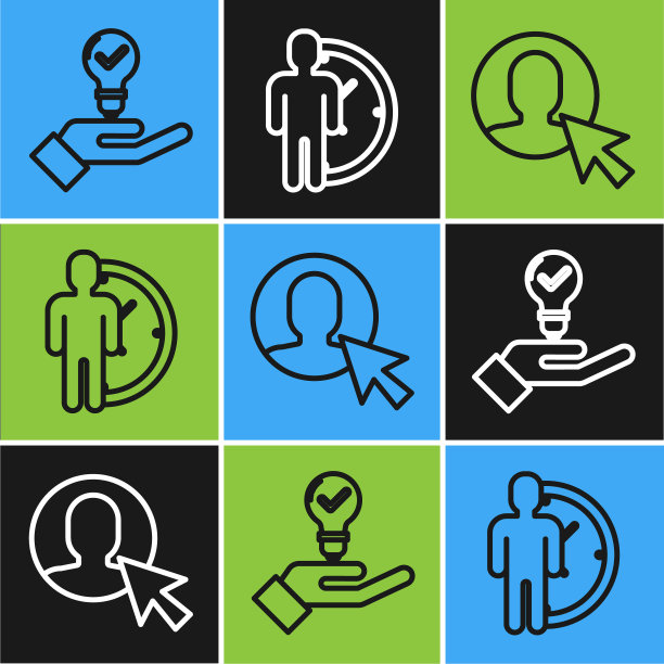 设置线:手上有灯泡、西装男用户、时间管理图标。向量图片下载