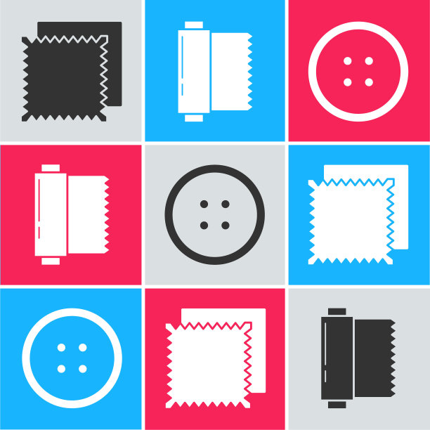 设置纺织面料卷，纺织面料卷和缝纫按钮的服装图标。向量图片下载