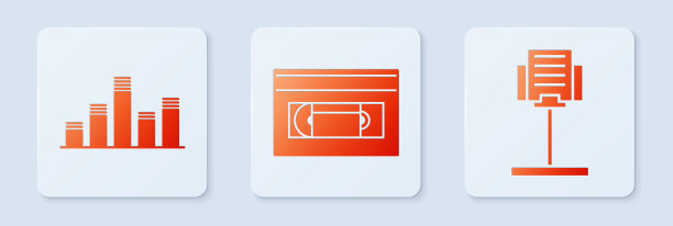 设置VHS录像带，音乐均衡器和音乐架。白色正方形按钮。向量图片下载