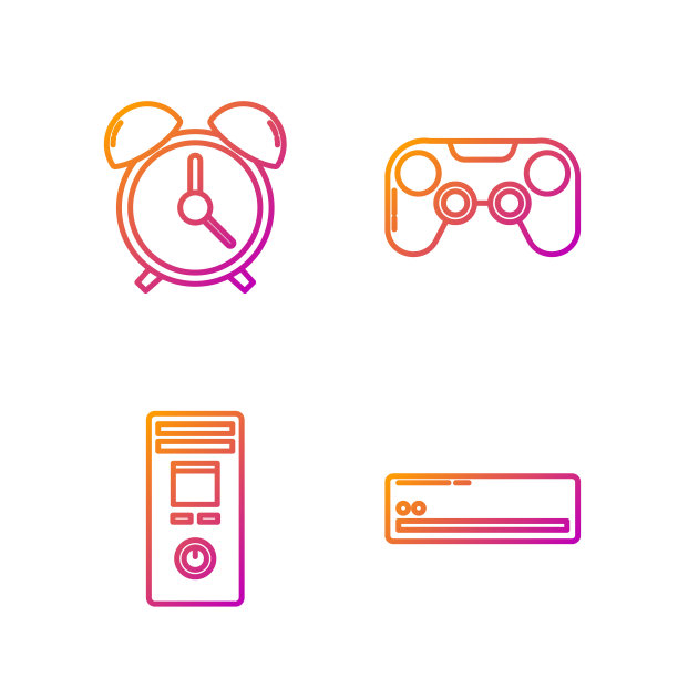 设置线路空调、遥控器、闹钟和手柄。渐变颜色图标。向量图片下载