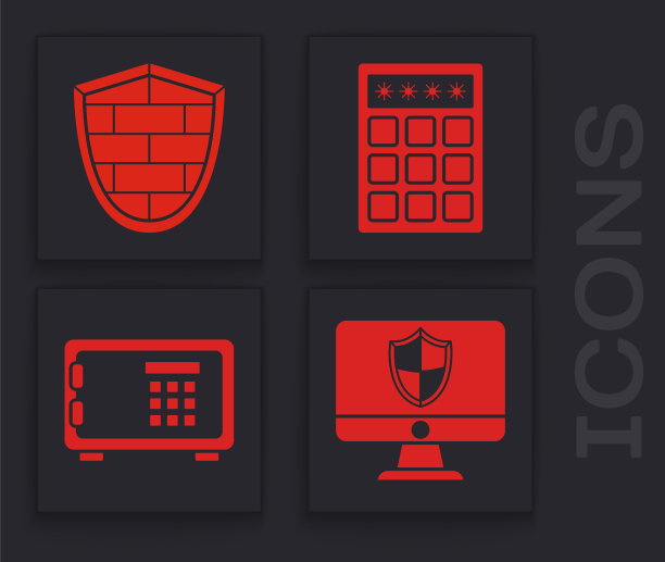 设置电脑显示器和屏蔽，屏蔽网络安全砖墙，密码保护和安全访问和安全图标。向量图片下载