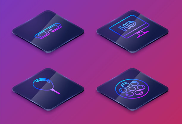 配套3D立体电影眼镜，彩带气球，高清视频技术电脑显示器，胶片卷。蓝色方块按钮。向量图片下载