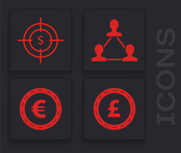 Set Coin money with pound sterling symbol, Target with dollar symbol, Project team base and Coin money with euro symbol icon。向量图片下载