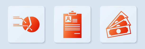 设置剪贴板与简历，饼图信息图和叠纸钱现金。白色正方形按钮。向量图片下载