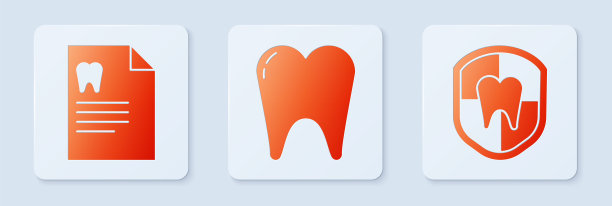 设置牙齿，带牙科卡和牙科保护的剪贴板。白色正方形按钮。向量图片下载