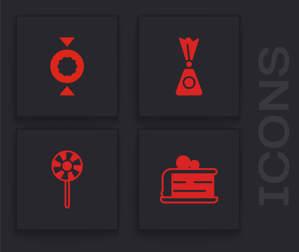 设置一块蛋糕，糖果和棒棒糖图标。向量图片下载