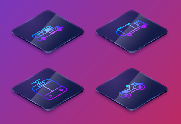 设置等距线校车，有轨电车和铁路，油罐车和全地形车或沙滩车摩托车。蓝色方块按钮。向量图片下载