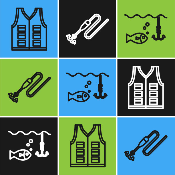 设置鱼线夹克，鱼钩水下与鱼和钓鱼线与钩和浮动图标。向量图片下载