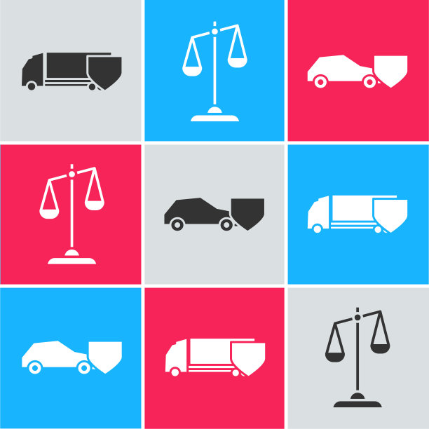 将Delivery cargo truck设置为盾牌，Scales of justice, Car设置为盾牌图标。向量图片下载