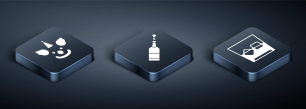 设置等距小丑头，威士忌和冰块和香槟酒瓶图标。向量图片下载