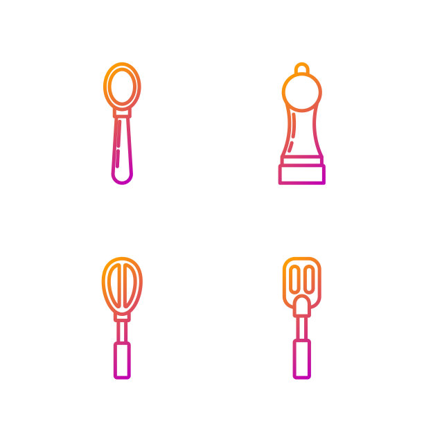 设置线抹刀，厨房打蛋器，勺子和胡椒。渐变颜色图标。向量图片下载