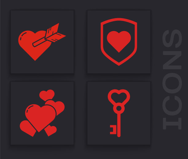 将钥匙设置为心形，爱与心和箭，心与盾和心图标。向量图片下载