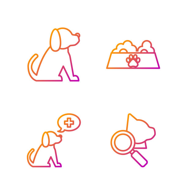设置线兽医诊所符号，兽医诊所符号，狗和宠物食品碗猫或狗。渐变颜色图标。向量图片下载