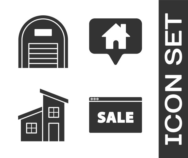 设置悬挂标志与文本在线销售，仓库，房子和地图指针与房子图标。向量图片下载