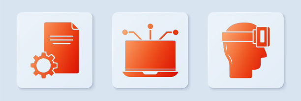 设置笔记本电脑，文件文件和虚拟现实眼镜。白色正方形按钮。向量图片下载