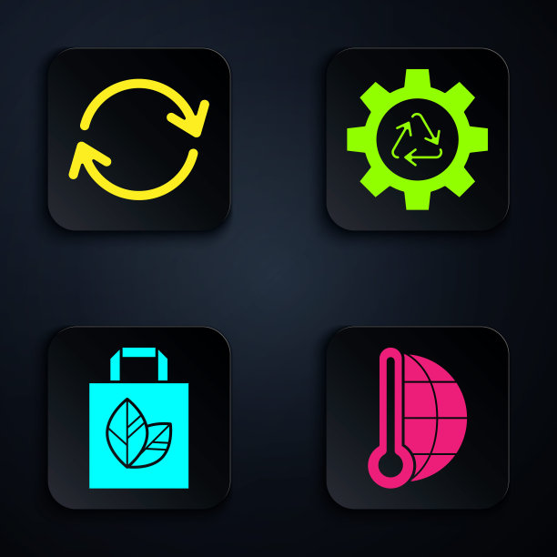 设置气象温度计测量，刷新，纸购物袋与回收和回收符号和齿轮。黑色方形按钮。向量图片下载