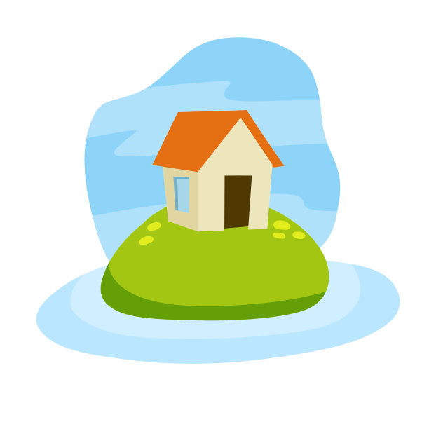 村子里的房子。青山公路上的家。平的卡通插图。乡村的白房子，红屋顶。有河流和湖泊的乡村景观图片下载