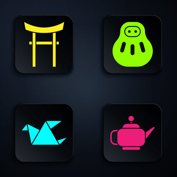 集日本茶道、日本门、折纸鸟、Maneki neko猫于一体。黑色方形按钮。向量图片下载