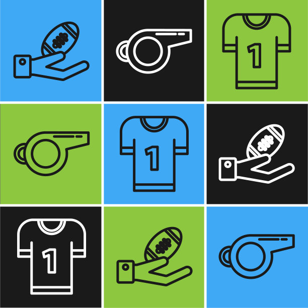 设置线上美式足球在手，美式足球球衣和哨子图标。向量图片下载