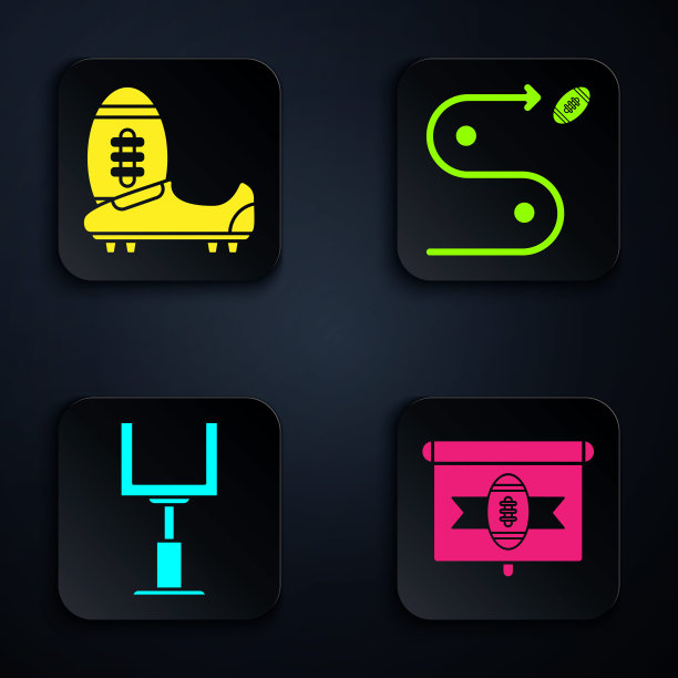 设置美式足球电视节目，足球或足球鞋鞋钉，美式足球门柱及策划策略概念。黑色方形按钮。向量图片下载