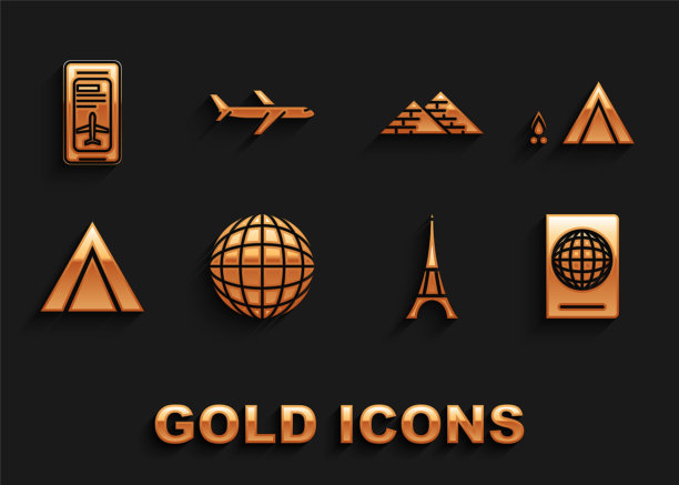 设置地球仪、游客篝火帐篷、护照生物识别数据、埃菲尔铁塔、埃及金字塔、智能手机电子登机牌、机票和飞机图标。向量图片下载