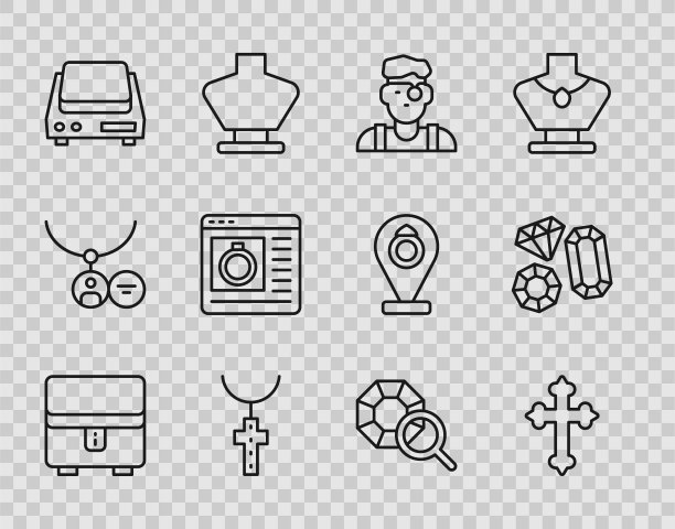 集行首饰盒，基督教十字架，珠宝商，在链，电子珠宝秤，网上购物，宝石和图标。向量图片下载