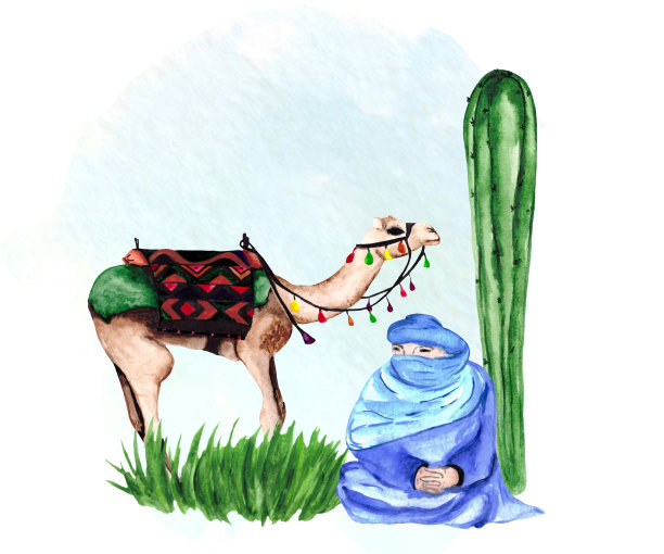 水彩插图与仙人掌，绿色的草，骆驼和贝都因绿洲。以沙漠为主题的彩绘装饰和装饰。图片下载