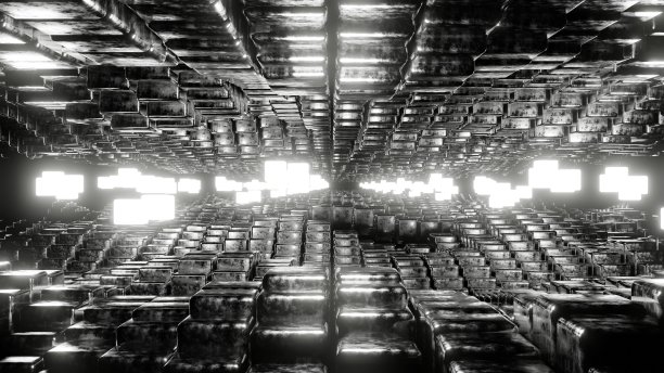 立体立方体隧道插画，抽象未来走廊，几何无尽隧道，三维渲染图片下载