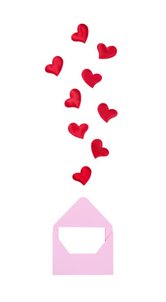 孤立的粉红色信封和心飞出它的白色背景图片下载
