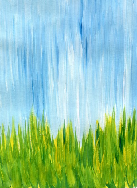 艺术旗帜，夏季雨绿草坪景观，垂直背景。手绘油画，丙烯酸颜料。图片下载