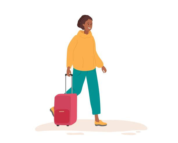 带着红色手提箱微笑的年轻女子走在街上。旅游和旅游概念。非裔美国女孩穿着便服。彩色平面卡通矢量插图孤立。图片下载