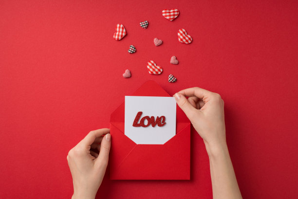 第一人称俯看情人节装饰照片，女性手从信封中拿出刻有“爱”字样的卡片，红色背景上有方格心形图片下载
