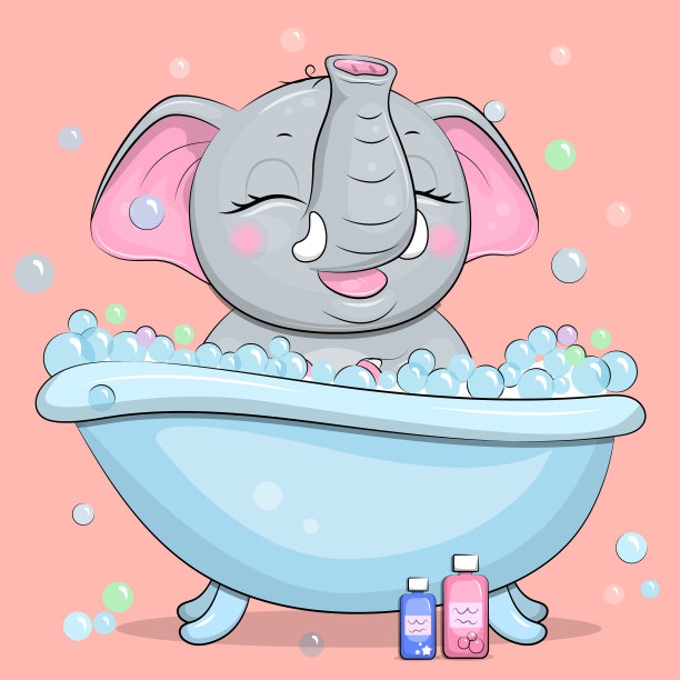 可爱的卡通大象正在洗澡。图片下载