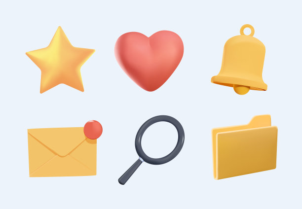 3d逼真的矢量图标集。铃铛，心形，星形，邮件，放大镜，扳手，文件夹，文件符号。业务对象。用户界面图片下载