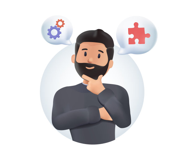 年轻人思考，寻找想法，试图找到解决办法。头脑风暴的概念。三维矢量人物角色图片下载