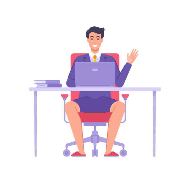 微笑的商务人士，穿着西装，内裤和拖鞋，坐在办公桌前，带着笔记本电脑远程工作图片下载