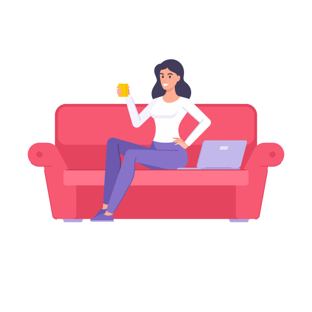 美丽的自由职业者女人享受休息喝茶咖啡坐在沙发上与马克杯图片下载