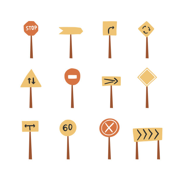一组带有箭头的路标，速度信息孤立在白色上。道路广告牌平面图标矢量插图。注意，运输方向标志图片下载