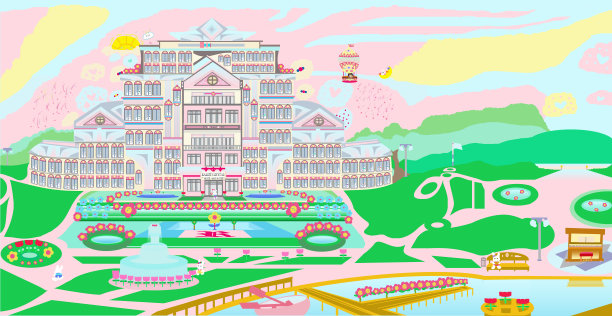 明亮多彩的八层水晶兔兔酒店及套房建筑，电梯，喷泉，花坛和船码头卡通风格的儿童艺术插图2021图片下载