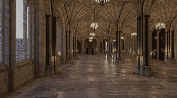 梦幻中世纪城堡大厅的3d插图图片下载