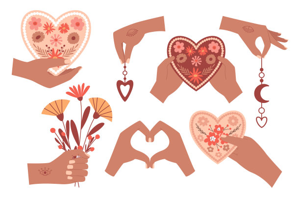 一套人的手握着波西米亚元素，一束花送着花心，一个手势描绘着一颗心。可爱的波西米亚风格插图。矢量插图孤立在白色背景上。图片下载
